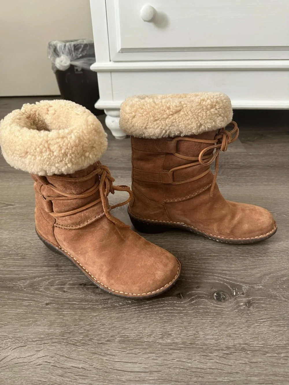 UGG Chestnut Suede Shearling Cuff Lace-Up Ankle Boots